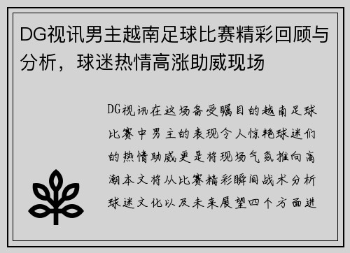 DG视讯男主越南足球比赛精彩回顾与分析，球迷热情高涨助威现场